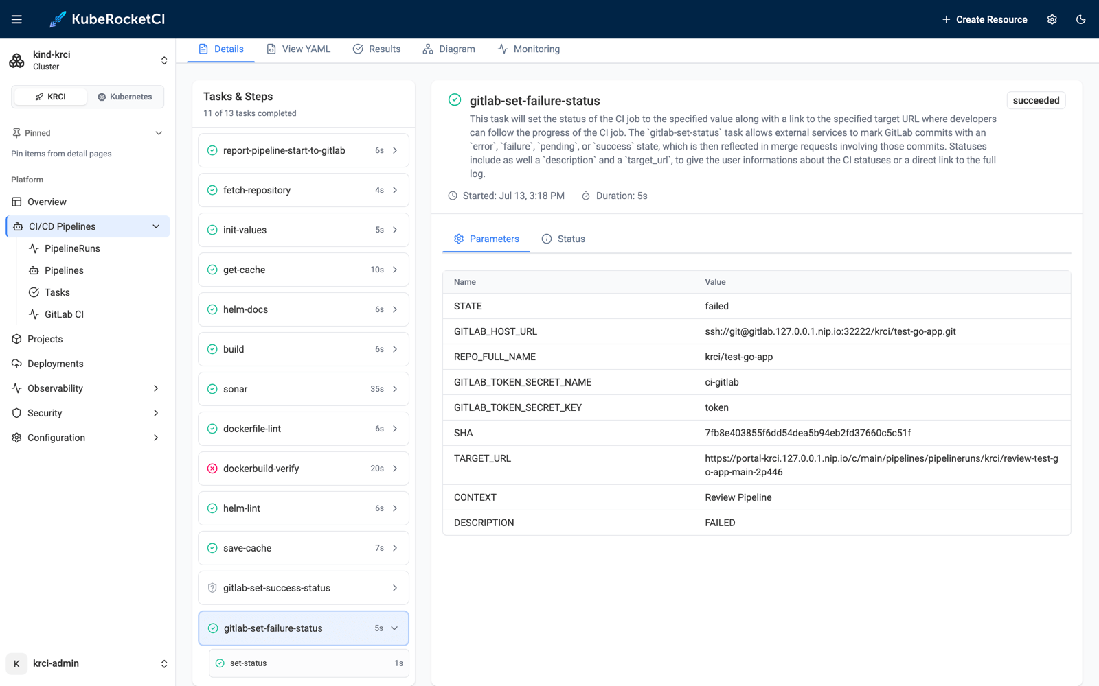 The finally task still runs: GitLab gets a status for the superseded commit KubeRocketCI Portal showing the gitlab-set-failure-status finally task of the cancelled run succeeded, reporting the failed state for the superseded commit to GitLab