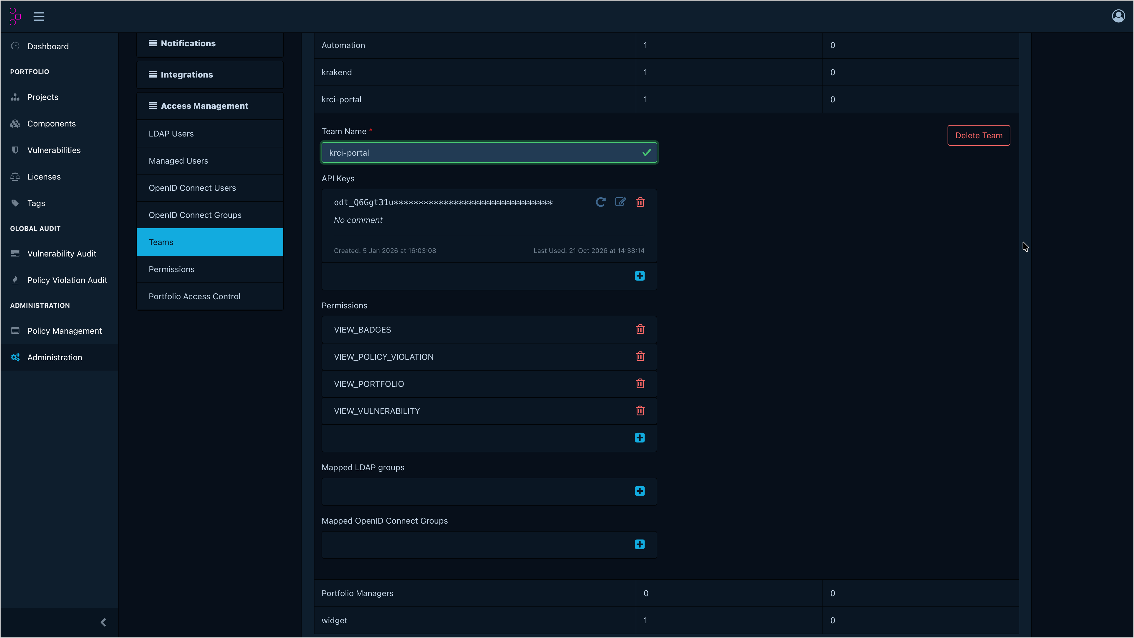 Dependency-Track portal team permissions