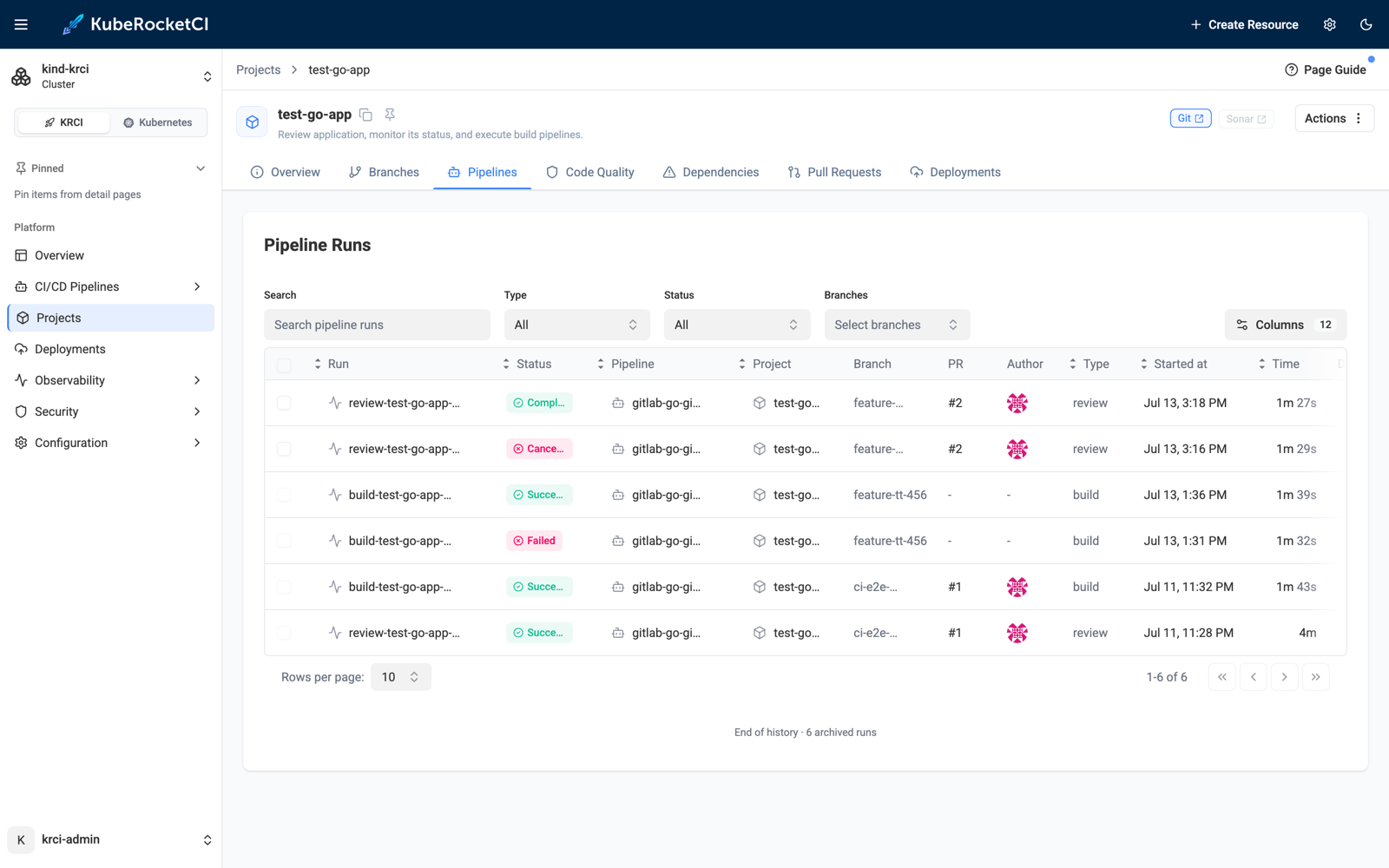 The superseded run is cancelled; only the run for the latest commit survives KubeRocketCI Portal pipeline runs list for test-go-app showing the superseded review run Cancelled and the replacement review run Completed for the same pull request