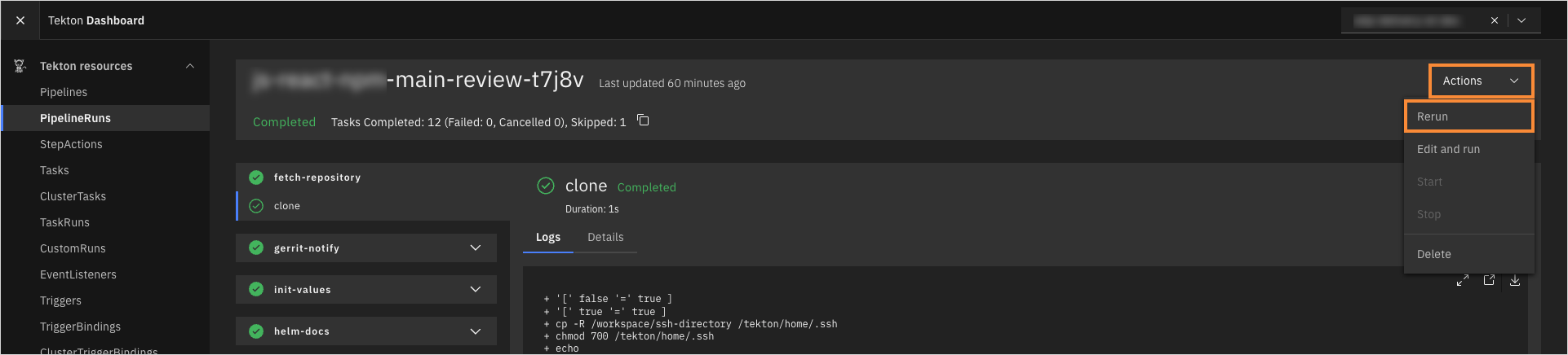 Rerun review pipeline in Tekton